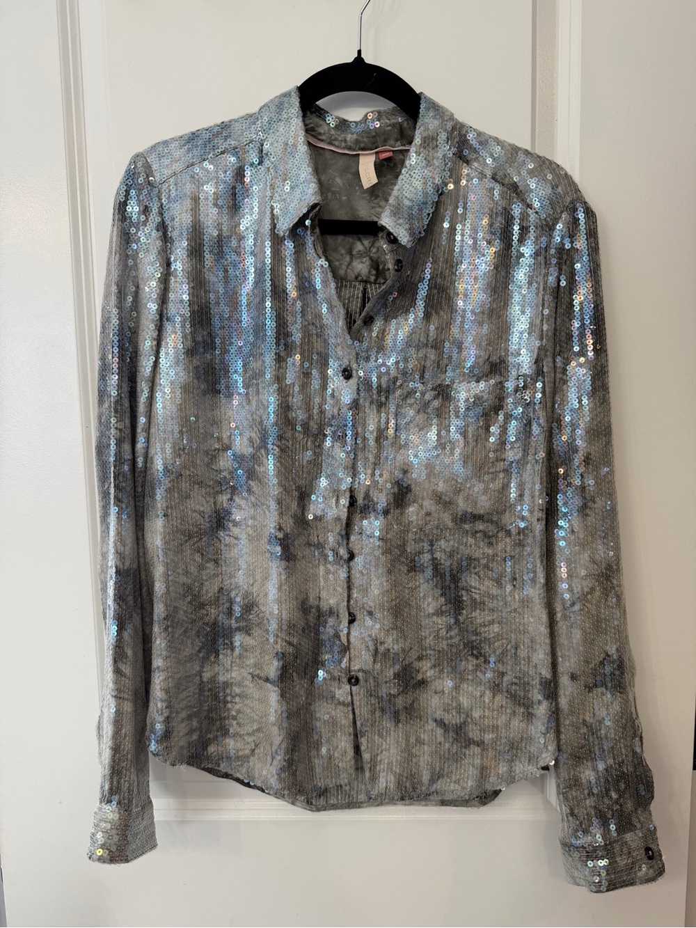 Anthropologie Pilcro Iridescent Sequin Button Down Shirt in Grey Tie Dye Pattern